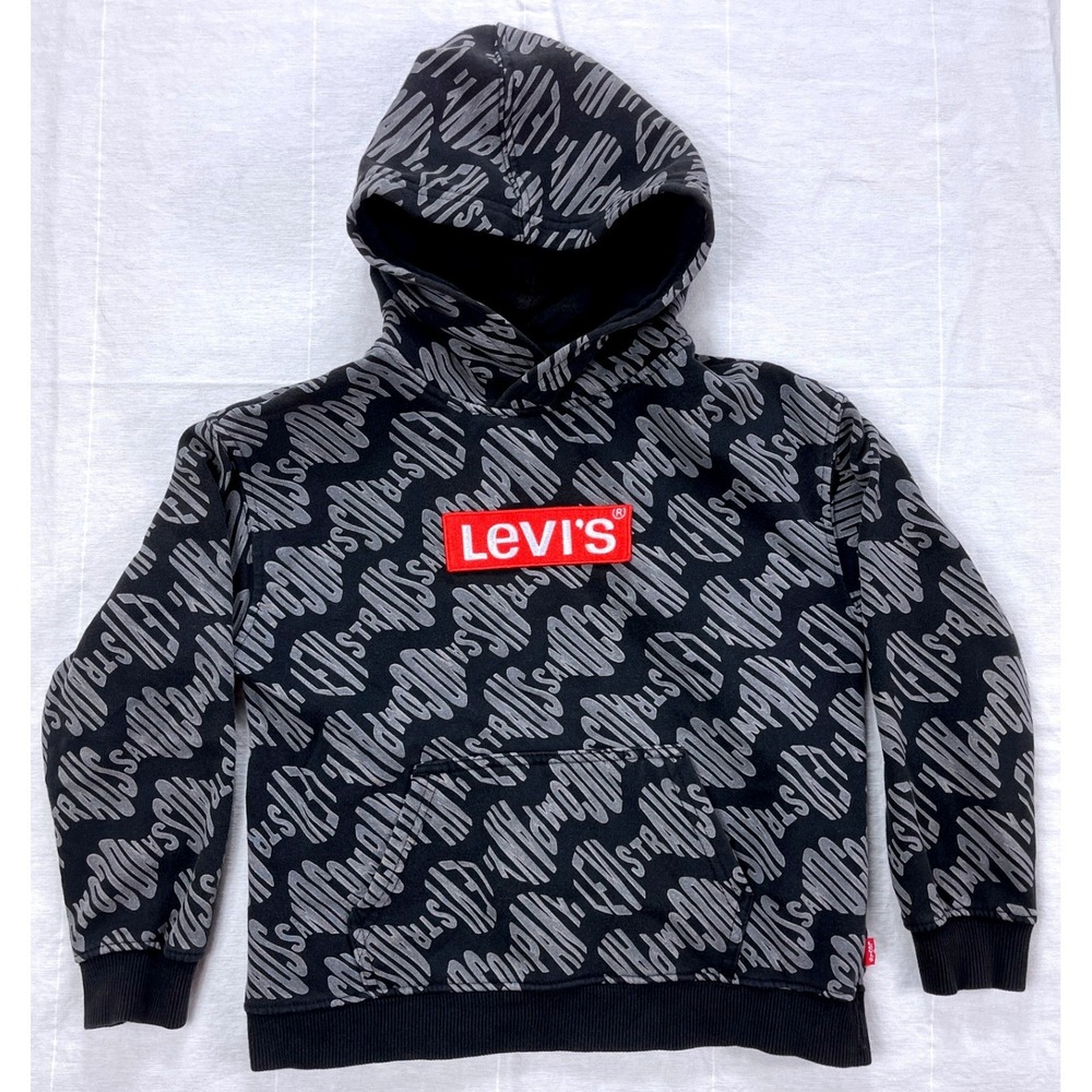 Levis Hoodie Boys Size 7 Black Grey All Over Print Logo Pullover Sweatshirt